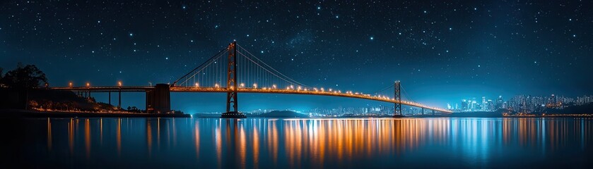 A suspension bridge illuminated against a backdrop of a star-filled night sky.