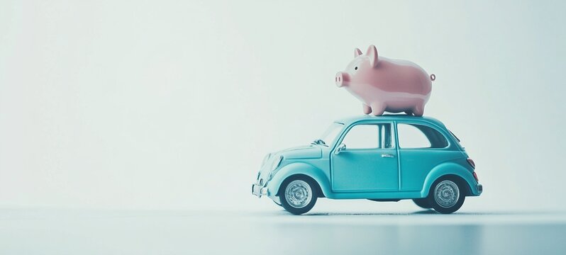 Vintage retro economy car model in teal blue color carrying a pink piggy bank on the roof representing the concept of savings investment and financial security