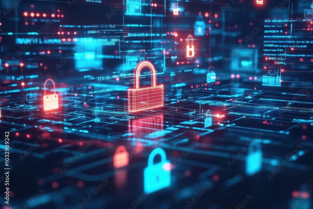Poster A complex data stream flowing through a series of security checkpoints, each guarded by digital padlocks and keys