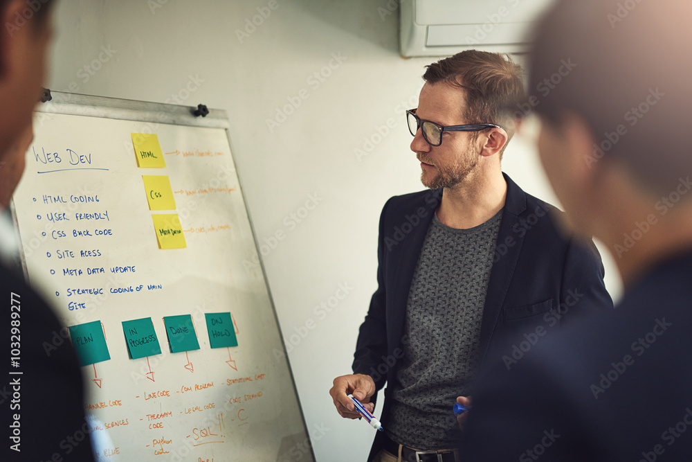 Poster Business, man and seminar with whiteboard in office for workflow steps and strategy process of interface feedback. Web developer, teamwork and diagram for user friendly website or software solutions
