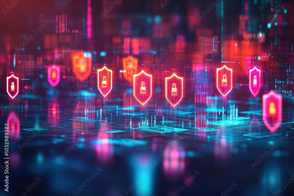 Poster A conceptual image of data breach protection, showing glowing shields rising from the ground to block a hackers attempt to steal information
