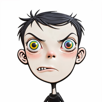 Comic cartoon caricature of a Gen Z sigma goth boy with totally exaggerated and hilarious facial features and expression - Isolated object element on a white background