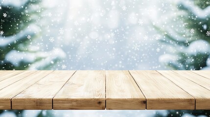 Empty wooden table with snowy trees and winter nature bokeh background, perfect for product display or Christmas presentation. Ideal for showcasing seasonal items in a snowy, abstract setting.