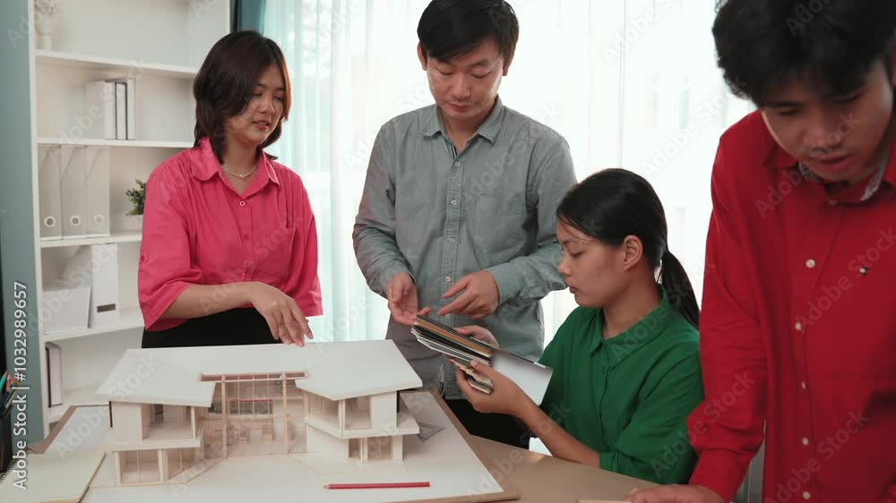 Poster slow motion home designer using architectural equipment draw a blueprint while interior designer sel