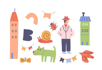 Set of funny children drawings. Adorable preschool doodles or scribbles with cute characters, houses and abstract geometric shapes. Hand drawn vector illustration collection isolated on background