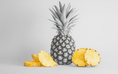 A pineapple with its crown still attached, alongside sliced pieces, ready for serving