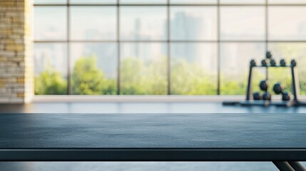 Naklejka premium Black table top with a gym background, perfect for product display in a fitness or sports setting. Ideal for showcasing sports nutrition, equipment, or workout gear in a dynamic environment.