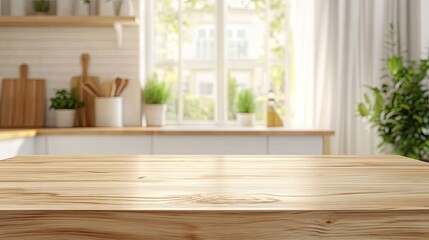 Empty wooden tabletop in a bright kitchen setting with a blurred background, perfect for product display. Ideal for showcasing kitchenware, home decor, or food products in a clean, modern environment.