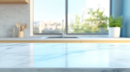 Minimalistic white marble kitchen countertop for product presentation, ideal for showcasing beauty or restaurant items. Clean and sleek design with a bright, modern ambiance for branding or advertisin