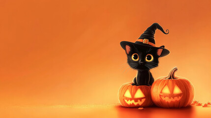 Halloween black cat with witch hat and pumpkins jack-o-lantern decoration orange background with copy space
