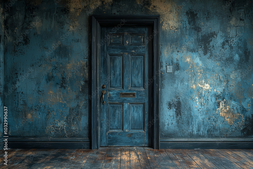 Wall mural a basement door slowly creaking open by itself, with only darkness visible beyond, creates a suspens