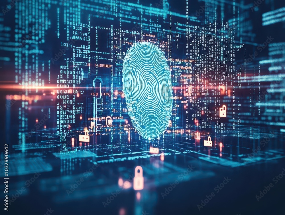 Poster A giant fingerprint hovering above a computer screen filled with code, surrounded by security locks and digital firewalls protecting the system