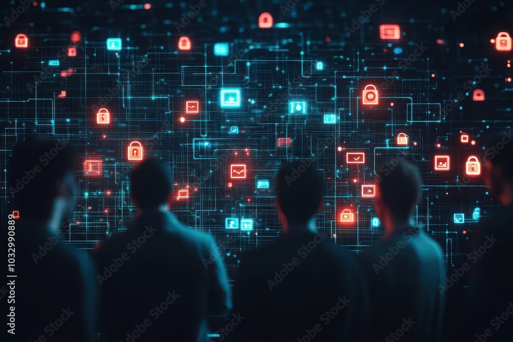 Fototapete a group of hackers standing in front of an impenetrable data fortress, glowing with privacy symbols 
