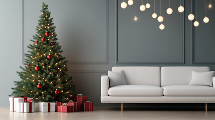 A beautifully decorated Christmas tree beside a stylish sofa with festive presents, creating a warm and inviting holiday atmosphere.