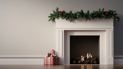 A cozy fireplace adorned with holiday decorations and gifts, creating a warm and inviting atmosphere for festive gatherings.