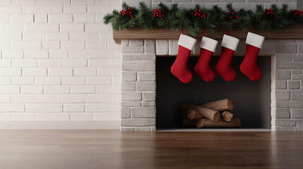 Obraz premium A cozy fireplace decorated with festive red stockings and green garland, evoking a warm holiday atmosphere in a beautifully designed interior space.