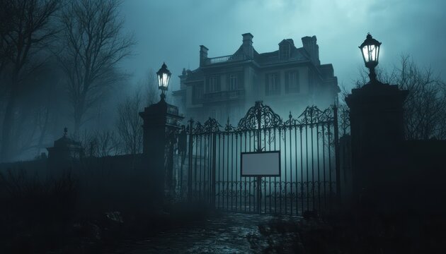 An Old Mansion with a Blank Sign and Ornate Gates on a Foggy Night