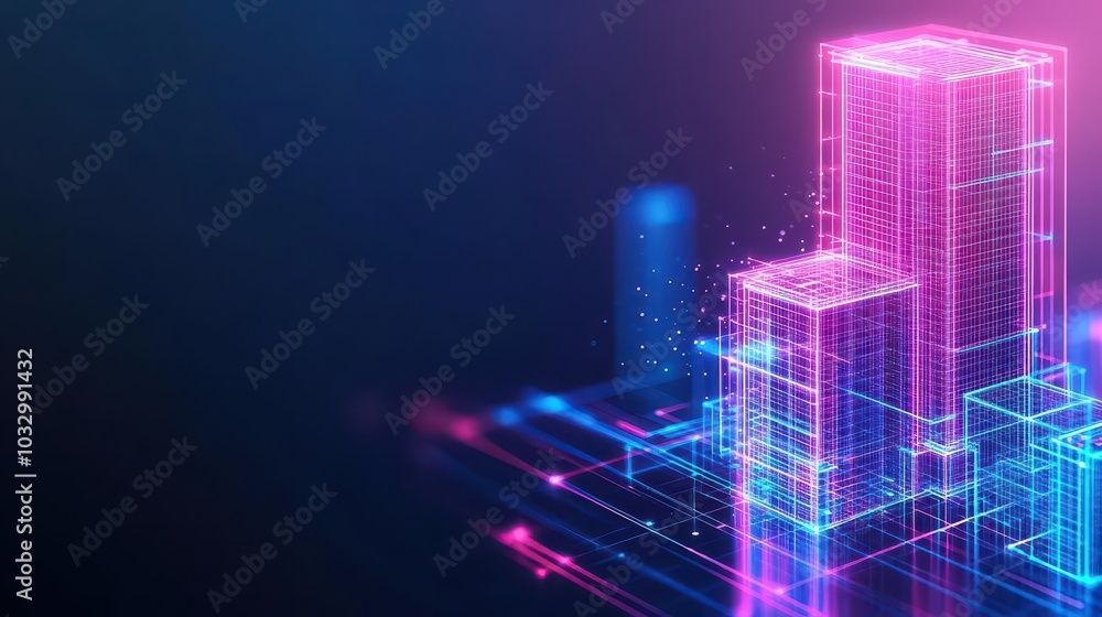Poster A holographic interface showing a skyscraper s structural integrity, engineers interacting with AR models, vibrant neon colors, clean minimalist lines