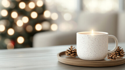 A cozy winter scene featuring a white mug with a candle, placed on a wooden tray with pinecones, against a softly blurred background.