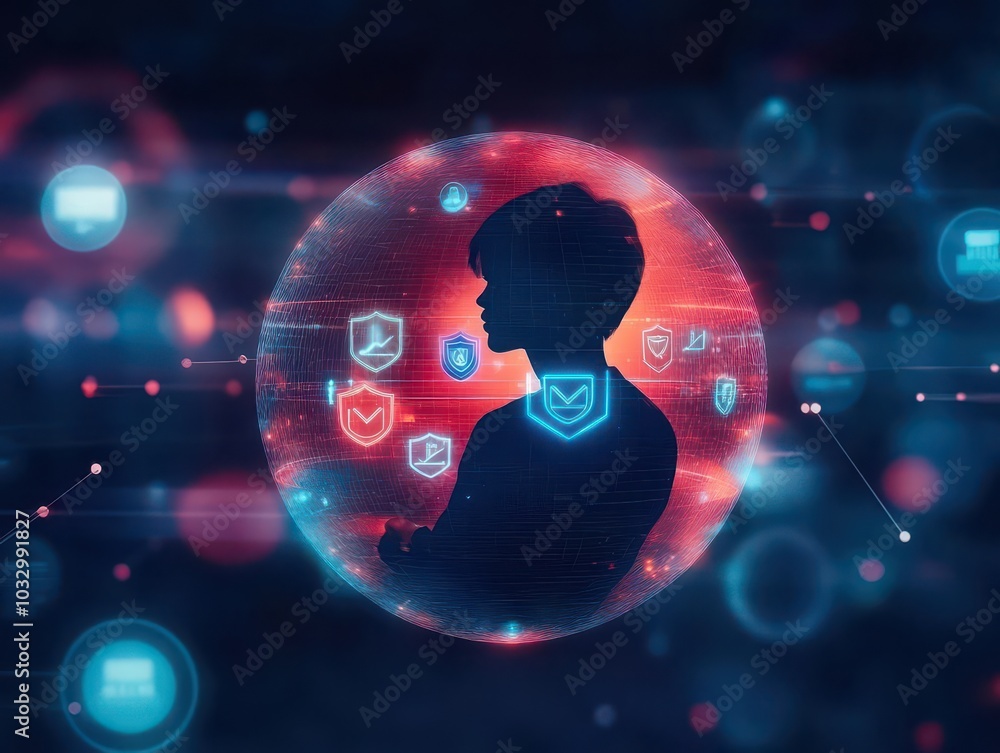 Poster a person inside a glowing bubble, surrounded by floating personal data and shield icons, representin