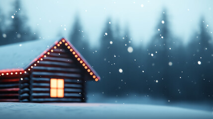 Fototapeta premium Cozy cabin illuminated by a warm glow, surrounded by falling snow and a serene winter landscape, creating a peaceful and magical atmosphere.
