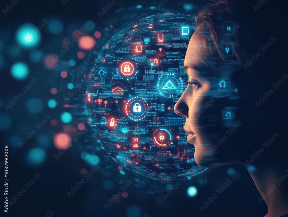 Poster a persons face surrounded by a floating circle of glowing privacy icons locks, keys, and encrypted s