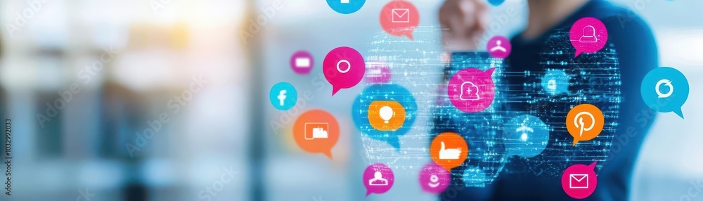 Aufkleber a person with floating social media icons, all wrapped in layers of security, showing how personal d
