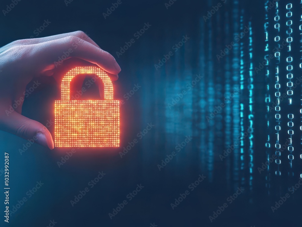 Poster A persons hand hovering over a glowing digital padlock, symbolizing secure data, with binary code streaming in the background