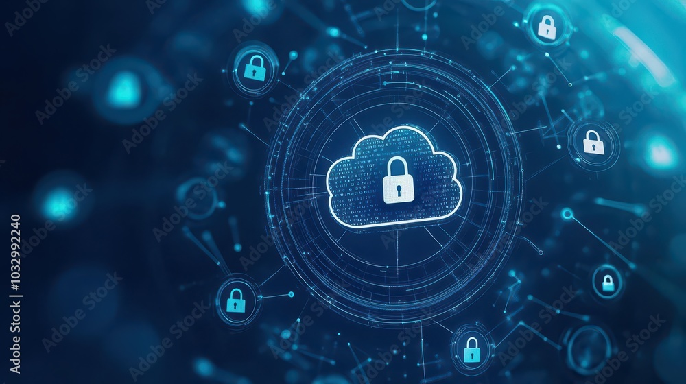 Aufkleber A secure cloud icon surrounded by floating personal data points, each wrapped in a protective layer of encryption and padlocks
