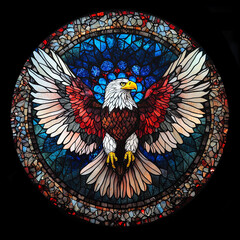 Detailed stained glass style round mandala of a bald eagle, isolated on a black background.