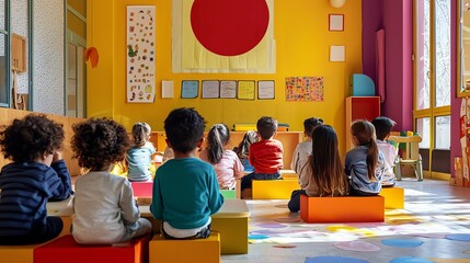 Diverse group of children in colorful classroom