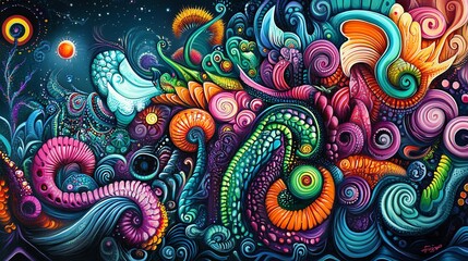 Abstract psychedelic art with swirling shapes and vibrant colors.