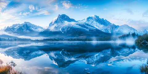 Majestic mountain reflections at sunrise over tranquil lake