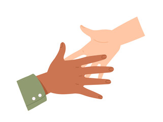 Diverse hands gestures. Palms of multiracial people touching each other for handshake. Symbol of friendship, unity and business partnership. Flat vector illustration isolated on white background