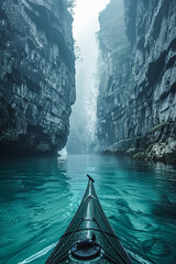 Fototapeta premium Tranquil kayak journey through misty canyon waterway for adventure travel and nature photography