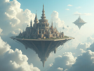 Obraz premium A floating city in the clouds, steampunk-inspired airships hovering nearby