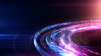 A vibrant, futuristic design featuring colorful light trails on a dark background, evoking a sense of motion and technology.