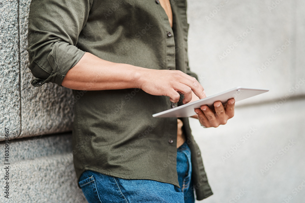 Poster Office, building and person with tablet in communication for networking, internet and reading news. Business, worker and employee with technology by company for email, feedback and online information