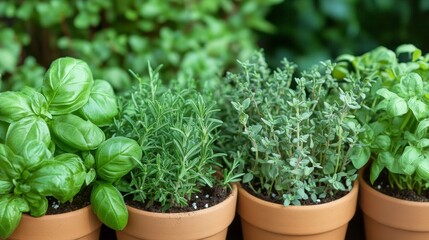 Obraz premium A small herb garden with fresh basil, rosemary, and thyme growing in pots