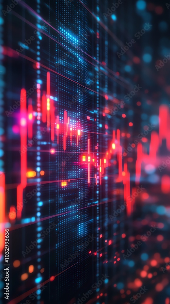 Poster abstract digital background with red and blue glowing lines depicting a stock market chart.