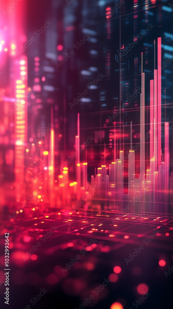 Aufkleber abstract futuristic cityscape with glowing lines and dots, red and blue color scheme.