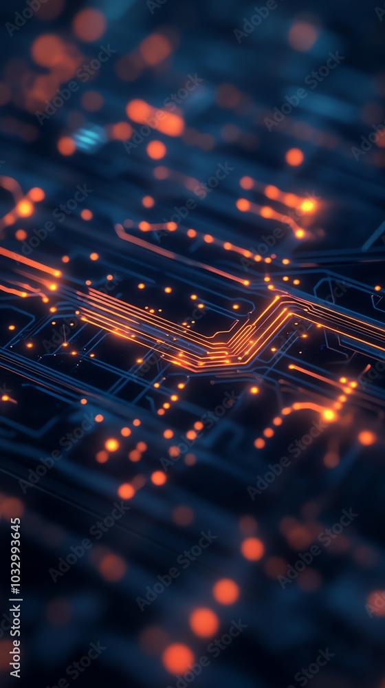 Aufkleber close-up of a circuit board with glowing orange lines and bokeh lights.