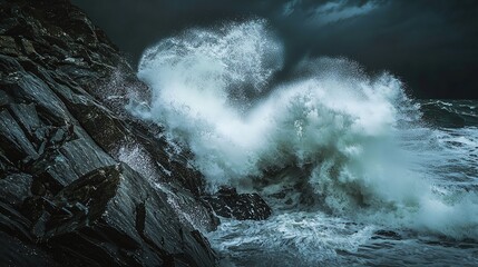 Obraz premium Dramatic waves crashing on rocky coastline