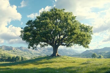 Obraz premium A solitary ancient tree in a serene meadow, its branches creating a wide, protective shade