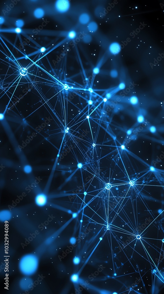 Poster abstract blue and white network of lines and dots on a black background.