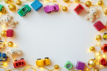 Obraz premium Colorful kids toy frame with teddy bears, cars, and lights on a white christmas background