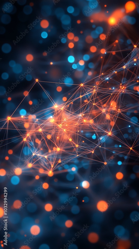 Poster Abstract background with a network of interconnected points and lines, glowing in orange and blue.
