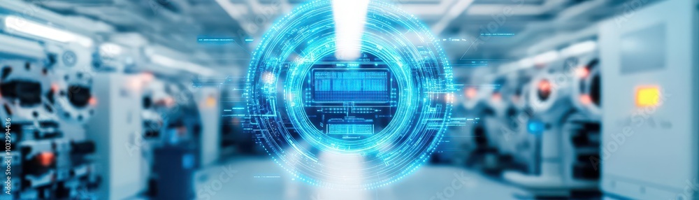 Poster aidriven machinery, futuristic smart factory, realtime data streaming, blue neon accents, precision 