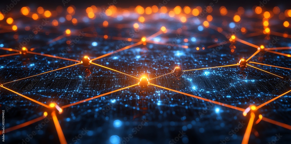 Aufkleber Abstract digital network with glowing lines and nodes on dark background.