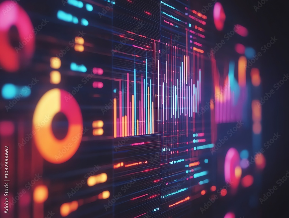 Aufkleber A futuristic digital interface with colorful graphs, charts, and data visualizations.
